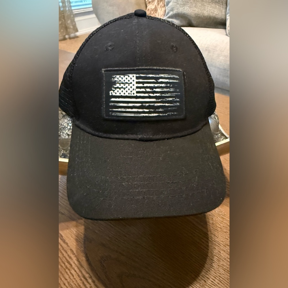 Men's Black Trucker Cap with Distressed Flag Patch